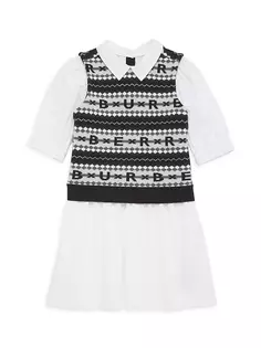 Трикотажное платье-рубашка с жаккардовым узором для маленьких девочек и девочек Burberry, белый