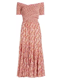 Платье миди со сборками и открытыми плечами Soledad Poupette St Barth, цвет pink damask