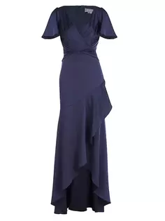 Атласное платье Valencia с развевающимися рукавами Theia, темно-синий
