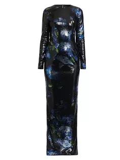 Платье-колонна с цветочным принтом и пайетками Dolce&amp;Gabbana, цвет campanule nero