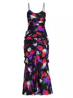 Шелковое платье-миди со сборками и цветочным принтом Moschino, черный