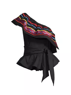 Асимметричная хлопковая блузка с баской и поясом Stella Jean, мультиколор