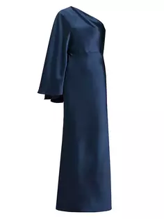 Атласное платье на одно плечо с драпировкой Amsale, синий
