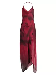 Асимметричное шелковое платье миди с розами Alberta Ferretti, красный