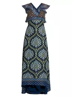 Платье макси из шелковой смеси с геометрическим узором Lotus и клипсой в горошек Etro, темно-синий