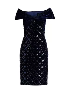 Бархатное платье-футляр с блестками и бриллиантами Tadashi Shoji, цвет royal navy