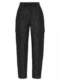 Темные полированные джинсы Baggy Utility с кулиской и блестящей лентой Brunello Cucinelli, черный
