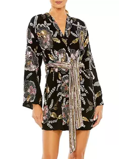 Мини-платье с запахом и цветочным принтом из бисера Mac Duggal, черный