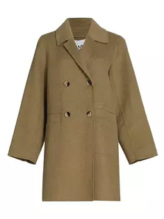 Двубортное пальто из смесовой шерсти Ganni, цвет petrified oak