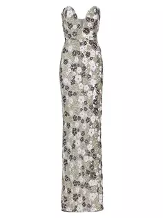 Платье без бретелек из тюля с пайетками Marchesa Notte, цвет silver combo