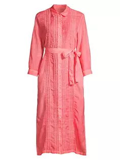 Льняное платье-рубашка миди с отделкой фестонами 120% Lino, розовый