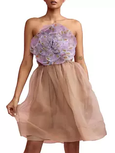 Мини-платье без бретелек с цветком из органзы Cynthia Rowley, цвет camel