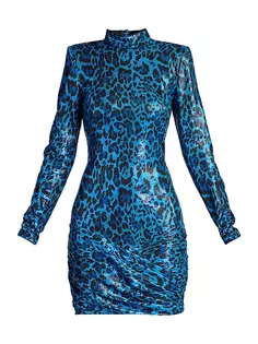 Мини-платье с леопардовым принтом и пайетками Tadashi Shoji, синий