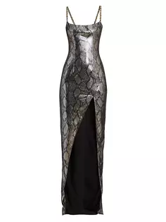 Платье с блестящим принтом питона и разрезом Balmain, черный