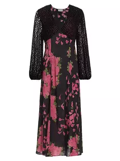 Шелковое платье миди Melanie с цветочным принтом и бархатом Rixo, цвет blossom pink