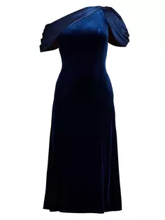 Бархатное платье с атласным декором Tadashi Shoji, темно-синий