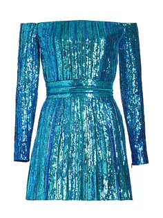 Мини-платье с открытыми плечами и пайетками Elie Saab, синий