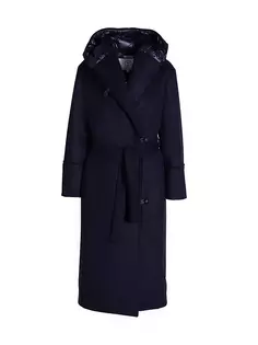 Пуховое пальто с капюшоном и запахом из смесовой шерсти Norwegian Wool, темно-синий