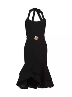 Платье с рюшами и поясом с цветочным принтом Oscar De La Renta, черный