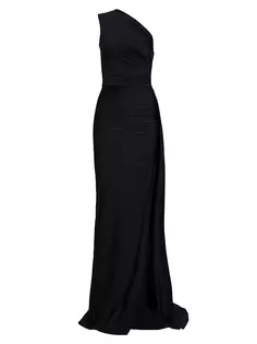 Платье из джерси с асимметричными складками и черным жемчугом Michael Costello Collection, черный