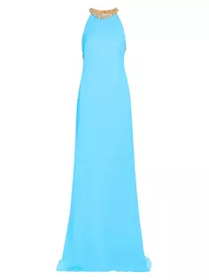 Платье из кади с кристаллами и вышивкой Oscar De La Renta, синий