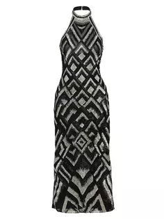 Коктейльное платье миди с вырезом через шею и бисером Reem Acra, цвет black silver