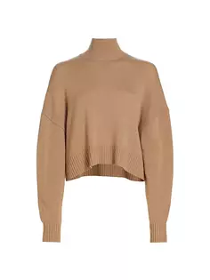 Укороченный свитер кашемировой вязки в рубчик с высоким воротником Theory, цвет palomino