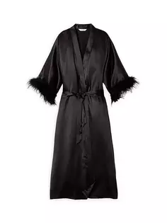 Шелковый халат с отделкой из перьев шелковицы Petite Plume, черный
