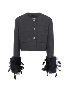 Однобортный шерстяной пиджак с перьями Prada, серый