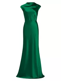 Атласное платье А-силуэта с высоким воротником и воротником-стойкой Amsale, цвет emerald