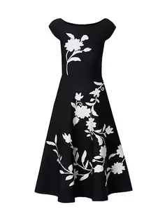 Трикотажное расклешенное платье миди с цветочным принтом Chalet Carolina Herrera, черный