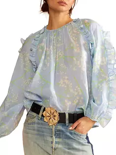 Блуза Ramie с оборками и цветочным принтом Cynthia Rowley, синий