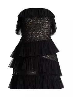 Кружевное мини-платье с рюшами Bcbgmaxazria, черный