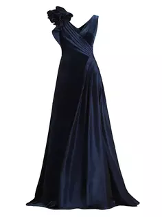 Бархатное платье с розеткой из тафты Tadashi Shoji, темно-синий