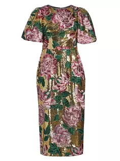 Платье-миди с цветочной вышивкой Marchesa Notte, золото