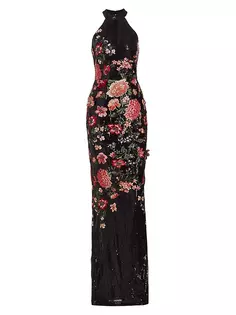 Тюлевое платье с бретельками с цветочным принтом и пайетками Marchesa Notte, черный