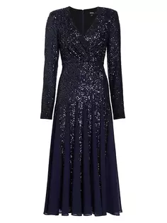 Плиссированное платье-миди с пайетками Badgley Mischka, темно-синий