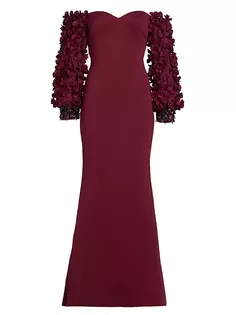Платье с открытыми плечами и цветочной аппликацией Badgley Mischka, цвет wine