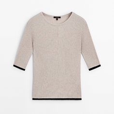 Футболка Massimo Dutti Ribbed Cotton With Contrast Detail, бежевый