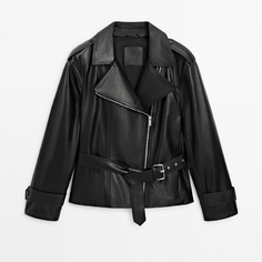 Куртка Massimo Dutti Black Nappa Leather Biker With Belt, черный