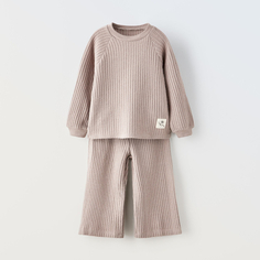 Комплект лонгслив и брюки Zara Waffle-knit, 2 предмета, песочный