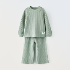 Комплект лонгслив и брюки Zara Waffle-knit, 2 предмета, зеленый
