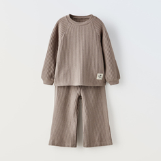Комплект лонгслив и брюки Zara Waffle-knit, 2 предмета, коричневый