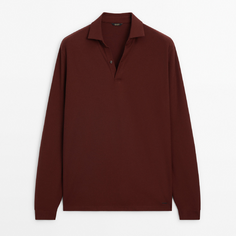 Лонгслив Massimo Dutti Polo Shirt In A Cotton And Wool Blend, красно-коричневый