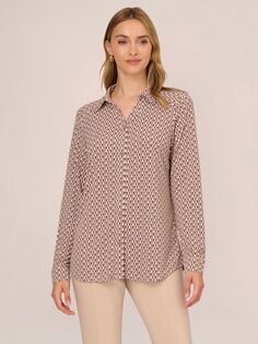 Блузка с V-образным вырезом и пуговицами спереди с абстрактным принтом Adrianna Papell, коричневый