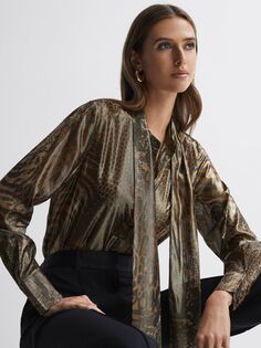 Блузка Kendall с металлизированным животным принтом и завязками на шее Reiss, бронза/мульти