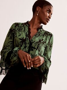 Блузка с цветочной кружевной отделкой Mint Velvet, зеленый средний