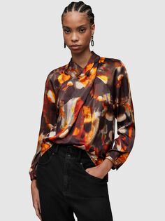 Zola Mars Блуза из шелковой смеси с абстрактным принтом AllSaints, раст браун/мульти