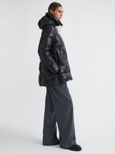 Блестящее стеганое пальто средней длины Rae Reiss, черный