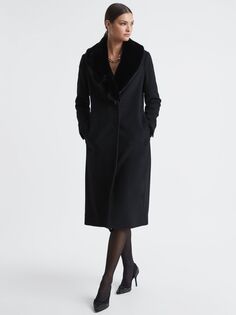 Пальто Laurie из смесовой шерсти с воротником из искусственного меха Reiss, черный